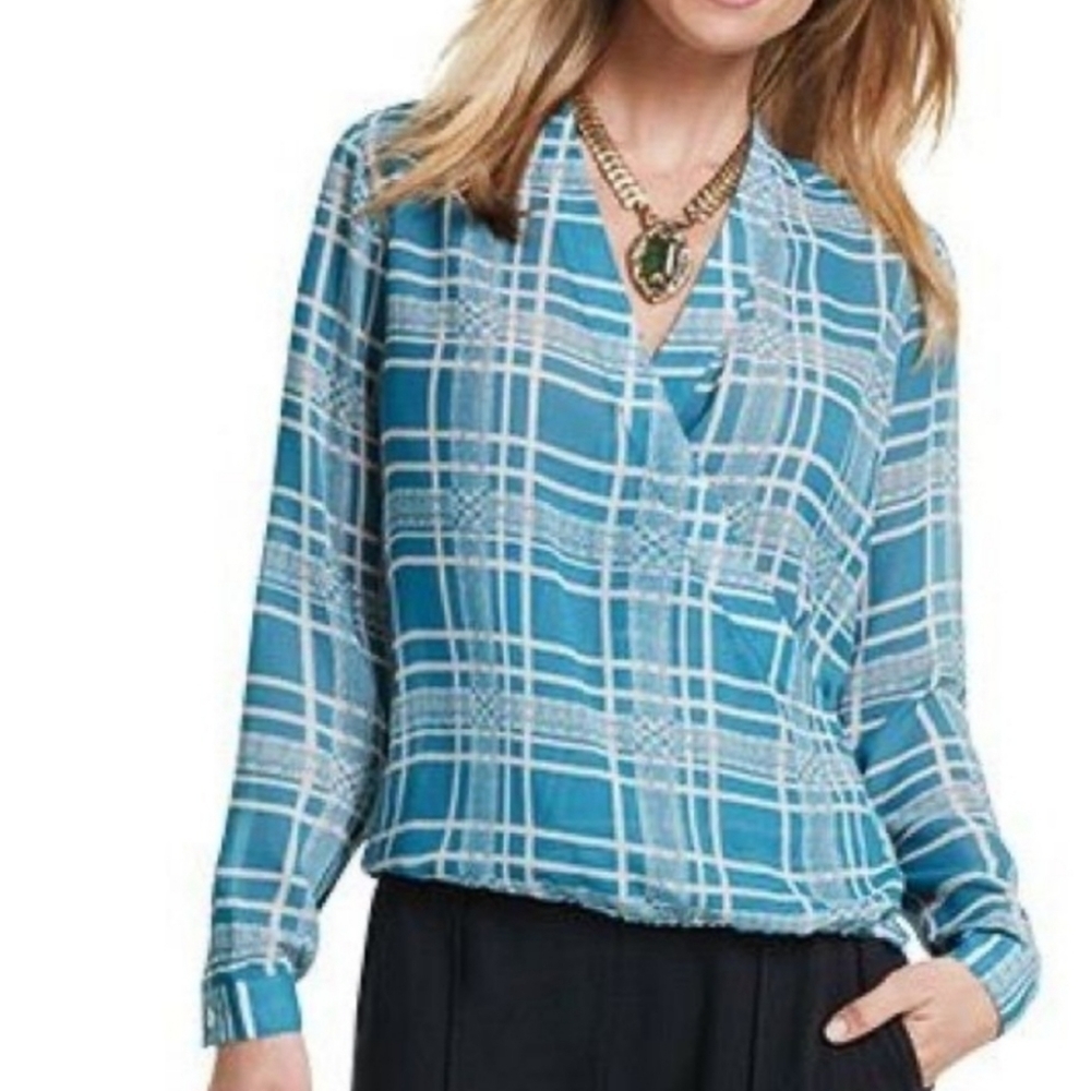 Cabi teal windowpane crossover blouse #30368 XS